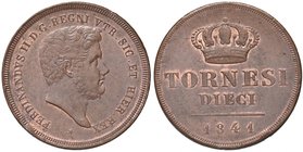 NAPOLI Ferdinando II (1830-1859) 10 Tornesi 1841 – Magliocca 677 CU (g 30,93) RR Splendido esemplare con zone in rame rosso

FDC