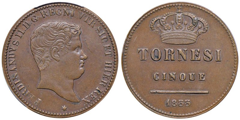 NAPOLI Ferdinando II (1830-1859) 5 Tornesi 1833 – Magliocca 699 CU RR In slab PC...