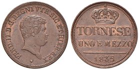 NAPOLI Ferdinando II (1830-1859) Tornese e mezzo 1835 il 5 ribattuto su 2 (?) – Magliocca 752 CU (g 4,64) RR

SPL+