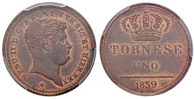 NAPOLI Ferdinando II (1830-1859) Tornese 1839 – Magliocca 770 CU RR In slab PCGS MS64RB. Conservazione eccezionale in rame rosso

FDC