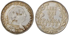 PARMA Ferdinando di Borbone (1765-1802) 6 Lire 1795 – MIR 1073/1 AG (g 7,34)

SPL