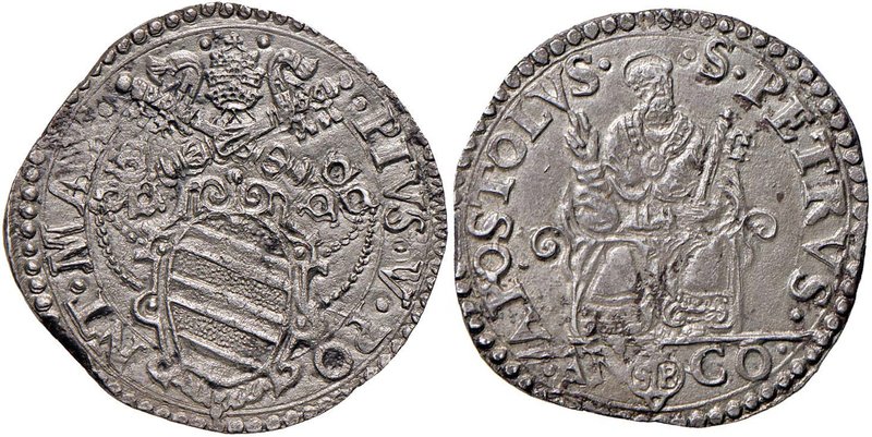 Pio V (1566-1572) Ancona - Testone – Munt. 34 AG (g 9,23) Splendido esemplare 
...
