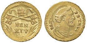 Benedetto XIV (1740-1758) Mezzo scudo d’oro – Munt. 38 AU (g 0,94) Modesti difetti di conio ma esemplare eccezionale per il tipo di moneta, assai raro...