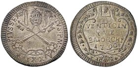 Pio VI (1774-1799) 25 Baiocchi 1796 A. XXI – Munt. 66b (ma probabilmente emessa durante la Repubblica romana) MI (g 7,82) 

SPL