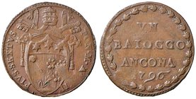 Pio VI (1774-1799) Ancona – Baiocco 1796 A. XXII – Munt. 149 CU (g 7,45) RR Qualche debolezza ma bell’esemplare in rame rosso

BB+