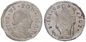 Pio VI (1774-1799) Bologna – Muraiola da 4 baiocchi senza data – Munt. 247 MI In slab PCGS MS64. Conservazione eccezionale con la mistura brillante
...
