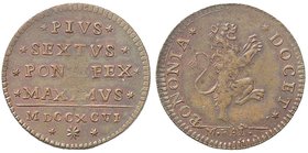 Pio VI (1774-1799) Bologna – Mezzo baiocco 1796 – Munt. manca CU (g 5,56) RRRR Variante inedita per il leone rampante a destra anziché a sinistra

S...