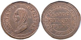 Pio VI (1774-1799) Fermo – Madonnina 1797 A. XXIII – Munt. 314 CU In slab PCGS MS64B. Conservazione eccezionale in rame rosso

FDC