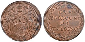 Pio VI (1774-1799) Foligno – 2 Baiocchi 1795 A. XXII – Munt. 337 CU In slab PCGS MS64RB. Conservazione eccezionale

FDC