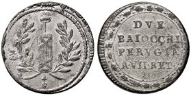 Repubblica romana (1798-1799) Perugia – 2 Baiocchi A. VII prova (?) in metallo bianco – Bruni manca MB (g 16,26) RRRR

BB+
