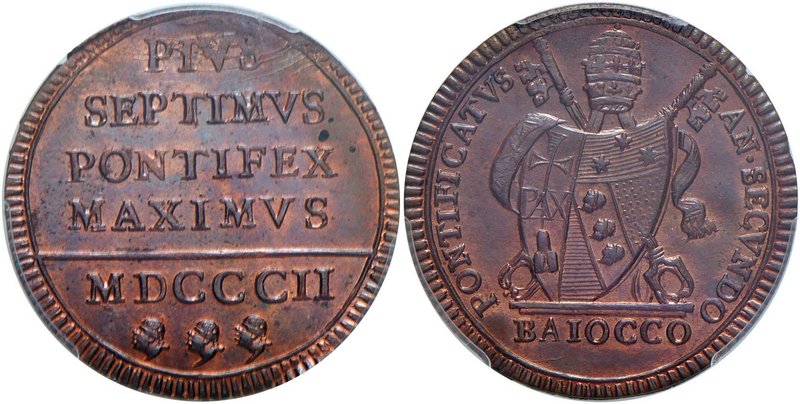 Pio VII (1800-1823) Baiocco 1802 A. II – Nomisma 54 CU In slab PCGS MS65BN. Cons...