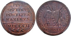Pio VII (1800-1823) Baiocco 1802 A. II – Nomisma 54 CU In slab PCGS MS65BN. Conservazione eccezionale in rame rosso

FDC