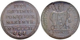 Pio VII (1800-1823) Baiocco 1802 A. II – Nomisma 54 CU In slab PCGS MS64BN. Conservazione eccezionale in rame rosso

FDC