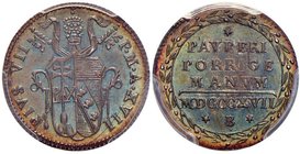 Pio VII (1800-1823) Bologna – Grosso 1817 A. XVII – Nomisma 48 AG In slab PCGS MS64. Conservazione eccezionale con splendida patina iridescente

FDC...