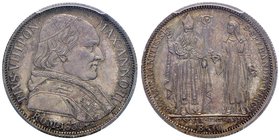 Pio VIII (1829-1830) 30 Baiocchi 1830 A. II – Nomisma 112 AG In slab PCGS MS64. Conservazione eccezionale con splendida patina iridescente

FDC