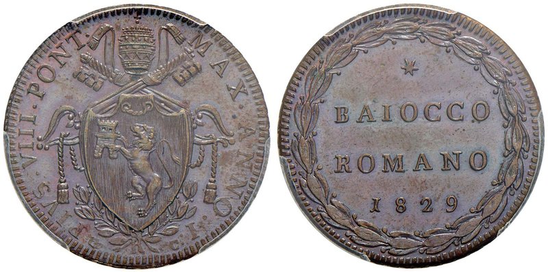 Pio VIII (1829-1830) Baiocco 1829 A. I – Nomisma 113 CU In slab PCGS MS65BN. Con...