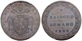 Pio VIII (1829-1830) Baiocco 1829 A. I – Nomisma 113 CU In slab PCGS MS65BN. Conservazione eccezionale in rame rosso

FDC
