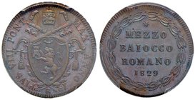 Pio VIII (1829-1830) Mezzo baiocco 1829 A. I – Nomisma 114 CU In slab PCGS MS66BN. Conservazione eccezionale in rame rosso

FDC