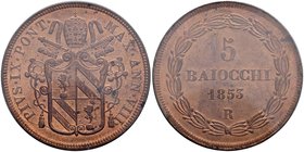 Pio IX (1846-1870) 5 Baiocchi 1853 A. VIII – Nomisma 545 CU In slab PCGS MS64RD. Conservazione eccezionale in rame rosso

FDC