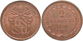 Pio IX (1846-1870) 2 Baiocchi 1850 A. IV – Nomisma 555 CU In slab PCGS MS64RB. Conservazione eccezionale in rame rosso

FDC