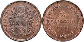 Pio IX (1846-1870) Bologna - 2 Baiocchi 1849 A. III – Nomisma 552 CU In slab PCGS MS64RB. Conservazione eccezionale in rame rosso

FDC