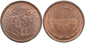 Pio IX (1846-1870) Bologna - 2 Baiocchi 1851 A. V – Nomisma 560 CU In slab PCGS MS64RB. Conservazione eccezionale in rame rosso

FDC