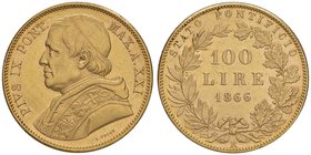 Pio IX (1846-1870) Monetazione decimale - 100 Lire 1866 A. XXI – Nomisma 617 AU (g 32,32) RR Graffietti al D/

SPL