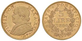 Pio IX (1846-1870) Monetazione decimale - 5 Lire 1866 A. XXI – Nomisma 639 AU (g 1,62) RR

qFDC