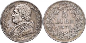 Pio IX (1846-1870) Monetazione decimale - 5 Lire 1870 A. XXIV – Nomisma 642 AG (g 25,01) Bella patina 

SPL