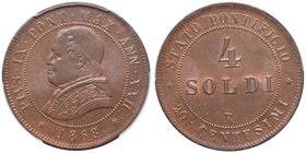 Pio IX (1846-1870) Monetazione decimale - 4 Soldi 1868 A. XXII – Nomisma 677 CU In slab PCGS MS66RB. Conservazione eccezionale in rame rosso

FDC