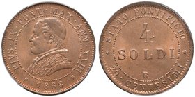 Pio IX (1846-1870) Monetazione decimale - 4 Soldi 1868 A. XXIII – Nomisma 678 CU In slab PCGS MS66RB. Conservazione eccezionale in rame rosso

FDC