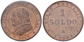 Pio IX (1846-1870) Monetazione decimale - Soldo 1867 A. XXI – Nomisma 683a CU In slab PCGS MS64RB. Conservazione eccezionale in rame rosso

FDC