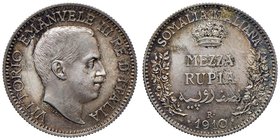 Vittorio Emanuele III (1900-1946) Somalia - Mezza rupia 1910 Prova – Nomisma P74 AG (g 5,84) RRR Splendida patina

FDC