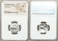 CALABRIA. Tarentum. Ca. early-3rd century BC. AR stater or didrachm (20mm, 1h). NGC XF. Deinocrates and Si-, magistrates. Warrior on horseback right, ...