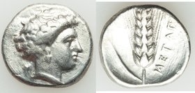 LUCANIA. Metapontum. Ca. 400-330 BC. AR stater (21mm, 7.66 gm, 12h). VF, scratches. Head of Demeter right, back of hair bound in saccos; retrograde K ...