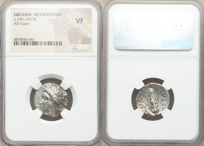 LUCANIA. Metapontum. Ca. 340-330 BC. AR stater or nomos (20mm, 11h). NGC VF. Hea...