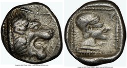 CARIA. Cnidus. Ca. 530-500 BC. AR diobol (12mm, 1.92 gm, 6h). NGC XF 5/5 - 3/5. Head of roaring lion right; beaded square border / Archaic head of Aph...