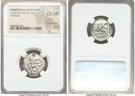 PAMPHYLIA. Aspendus. Ca. mid-5th century BC. AR stater (20mm, 6h). NGC Choice VF, countermark. Helmeted nude hoplite warrior advancing right, shield i...