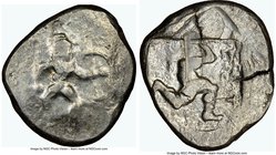 PAMPHYLIA. Aspendus. Ca. mid-5th century BC. AR stater (22mm, 10.73 gm). NGC VF 2/5 - 4/5, overstruck. Helmeted nude hoplite advancing right, shield i...