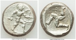 PAMPHYLIA. Aspendus. Ca. mid-5th century BC. AR stater (19mm, 10.91 gm). About VF. Helmeted nude hoplite advancing right, shield on left arm, spear fo...