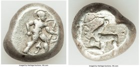 PAMPHYLIA. Aspendus. Ca. mid-5th century BC. AR stater (16mm, 10.93 gm). About VF. Helmeted nude hoplite advancing right, spear forward in right hand,...
