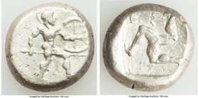 PAMPHYLIA. Aspendus. Ca. mid-5th century BC. AR stater (19mm, 10.94 gm). VF. Helmeted nude hoplite advancing right, shield in left hand, spear forward...