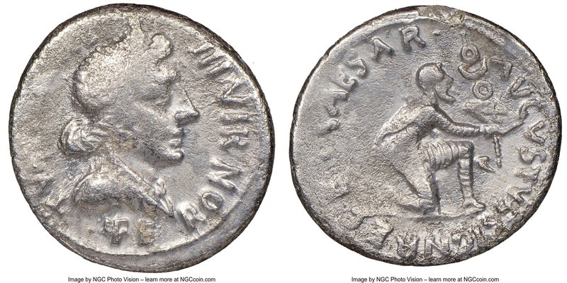Augustus (27 BC-AD 14). AR denarius (19mm, 5h). NGC Fine. Rome, 19/18 BC, P. Pet...