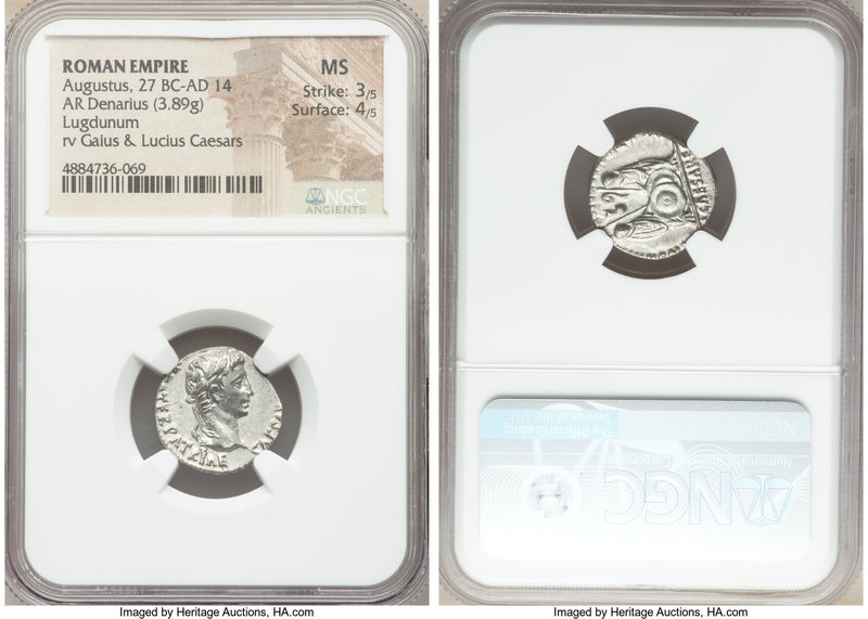 Augustus (27 BC-AD 14). AR denarius (18mm, 3.89 gm, 2h). NGC MS 3/5 - 4/5. Lugdu...