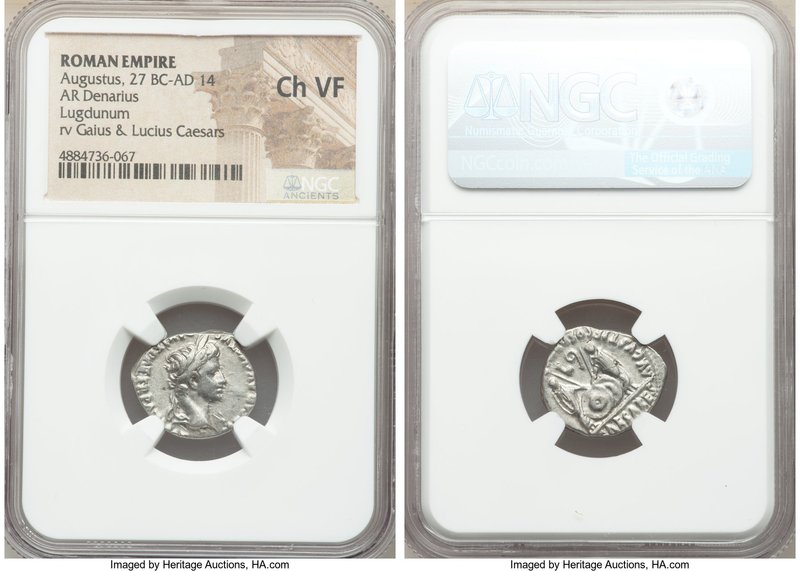 Augustus (27 BC-AD 14). AR denarius (19mm, 11h). NGC Choice VF. Lugdunum, 2 BC-A...