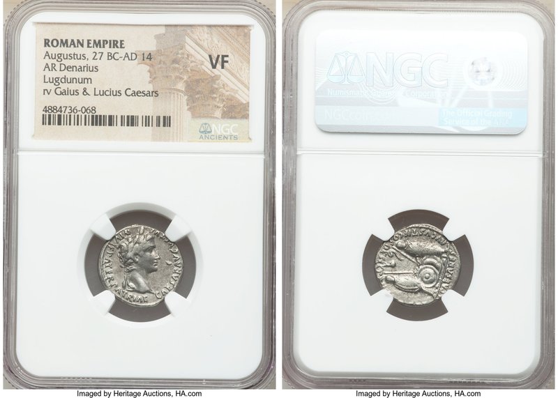 Augustus (27 BC-AD 14). AR denarius (18mm, 9h). NGC VF. Lugdunum, 2 BC-AD 4. CAE...