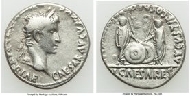 Augustus (27 BC-AD 14). AR denarius (18mm, 3.42 gm, 1h). VF. Lugdunum, 2 BC-AD 4. CAESAR AVGVSTVS-DIVI F PATER PATRIAE, laureate head of Augustus righ...