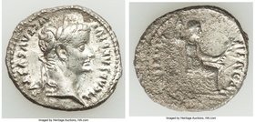 Tiberius (AD 14-37). AR denarius (19mm, 3.59 gm, 6h). VF, horn silver. Lugdunum. TI CAESAR DIVI-AVG F AVGVSTVS, laureate head of Tiberius right / PONT...