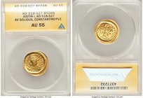 Justin I (AD 518-527). AV solidus (21mm, 7h). ANACS AU 55. Constantinople, 10th officina. D N IVSTI-NVS PP AVG, helmeted, cuirassed bust of Justin I f...