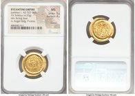 Justinian I the Great (AD 527-565). AV solidus (21mm, 4.37 gm, 6h). NGC MS 5/5 - 4/5, clipped. Constantinople, 3rd officina. D N IVSTINI-ANVS PP AVG, ...